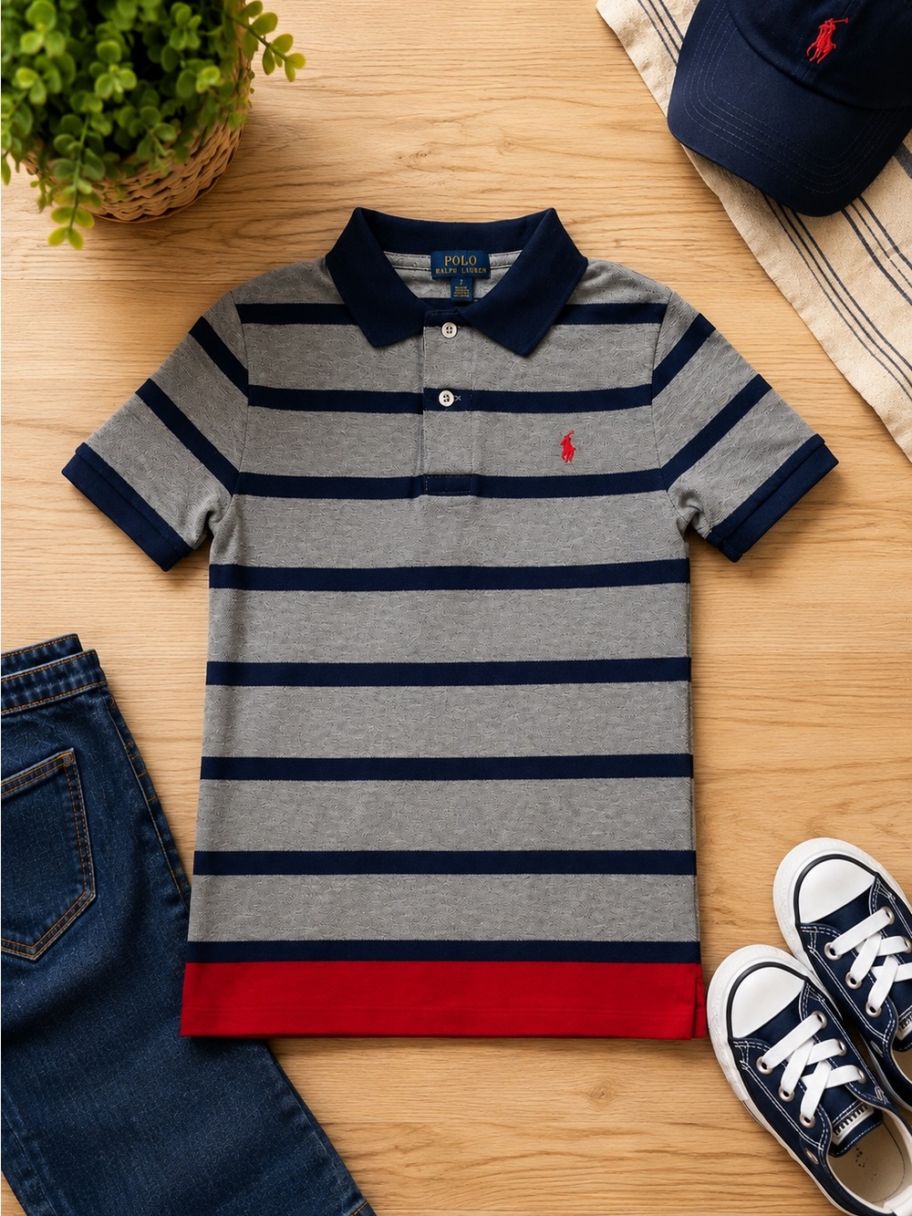 Polo by Ralph Lauren Boys' Grey & Navy Stripe Polo with Red Hem